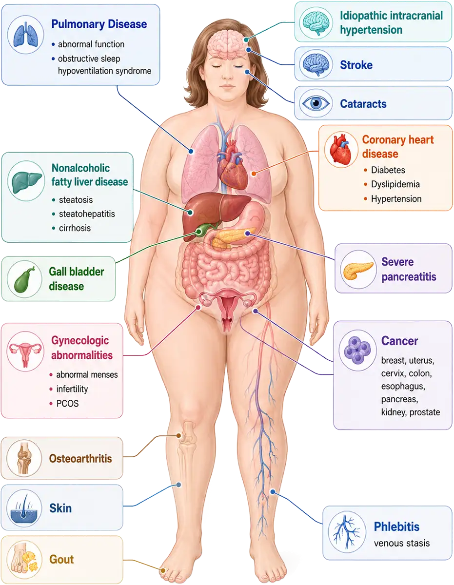 Illustration showing body systems and medical conditions that may be affected by obesity